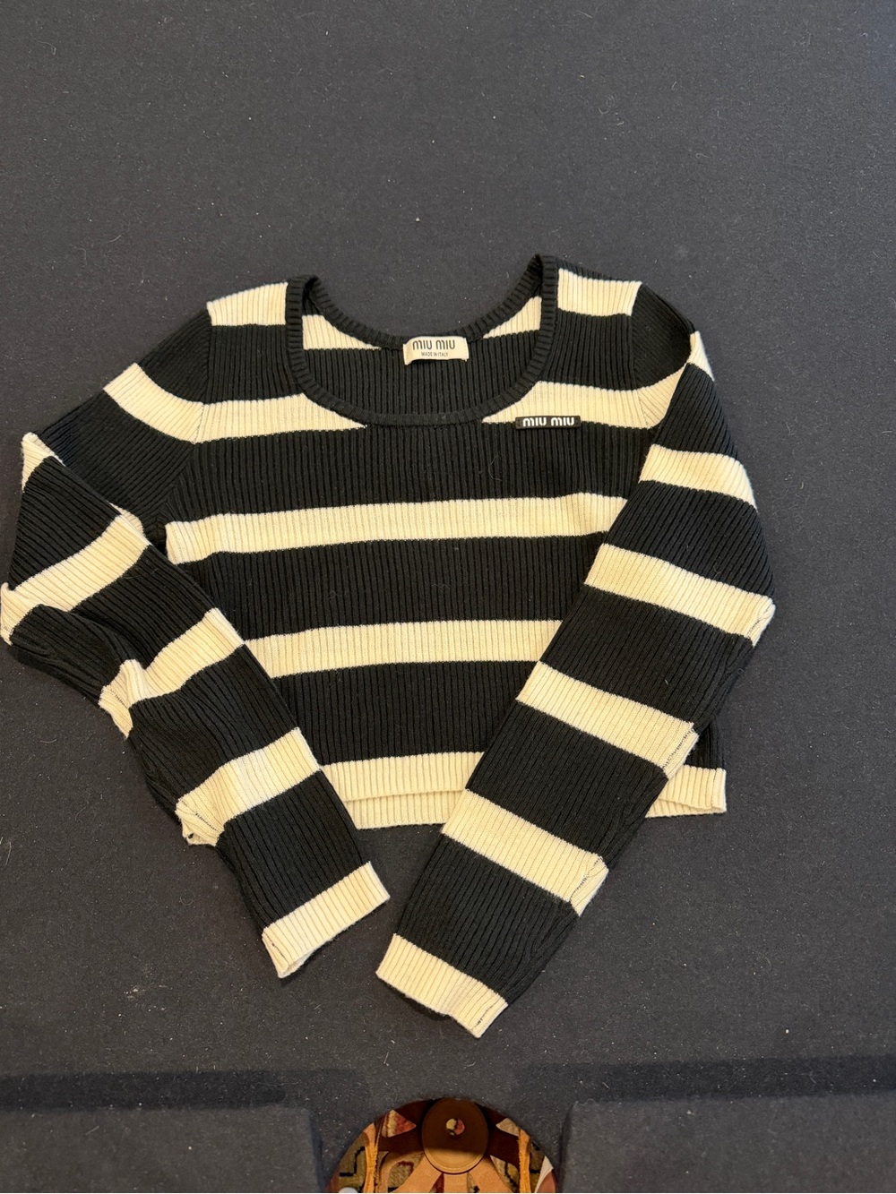 Miu Miu Black and Cream Striped Rib-Knit Crop Top